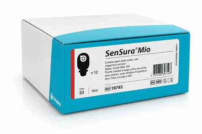 Coloplast Sensura Mio 2-Piece Flex Pouch, Drainable, Midi, Black with Inspection Window, Flange 2" (50mm) - Box of 10