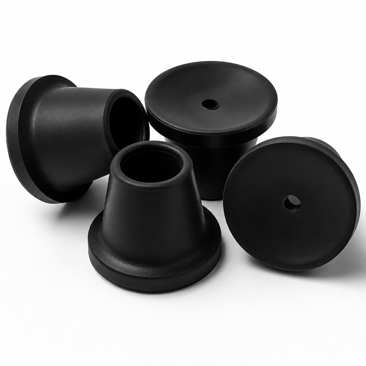 Drive Medical DMC12486T black rubber replacement tips for folding shower chair, 4-pack, non-slip bath safety accessory.