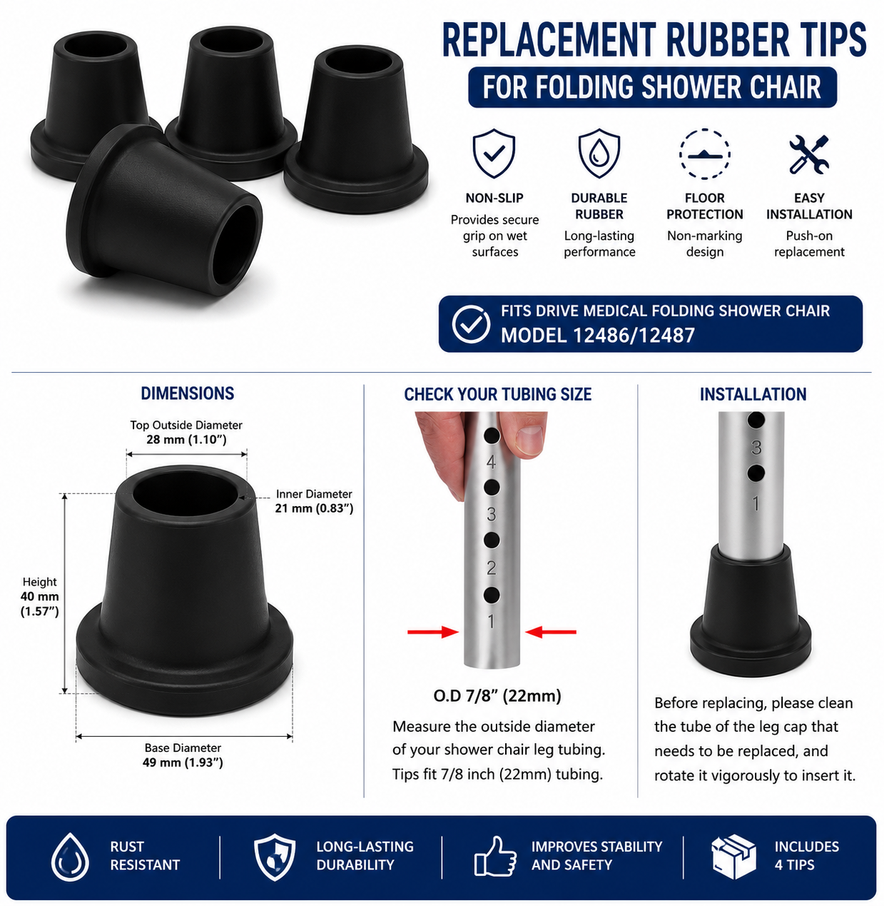 Drive Medical DMC12486T black rubber replacement tips for folding shower chair, 4-pack, non-slip bath safety accessory.