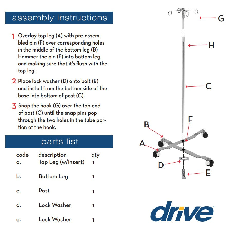 I. V. Pole removable top 13033 instruction manual