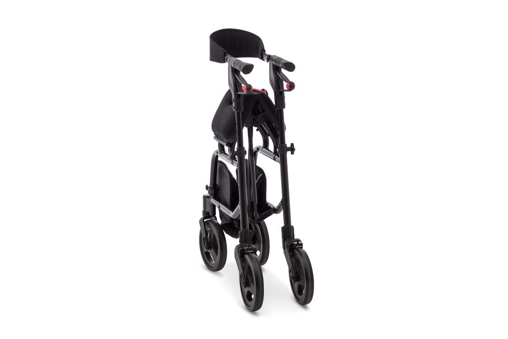 NeXus Mobility Walker standing folded with storage bag attached