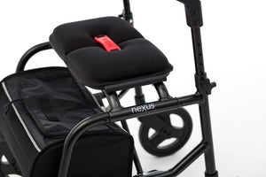 Padded seat and flip-up backrest on NeXus Mobility Walker
