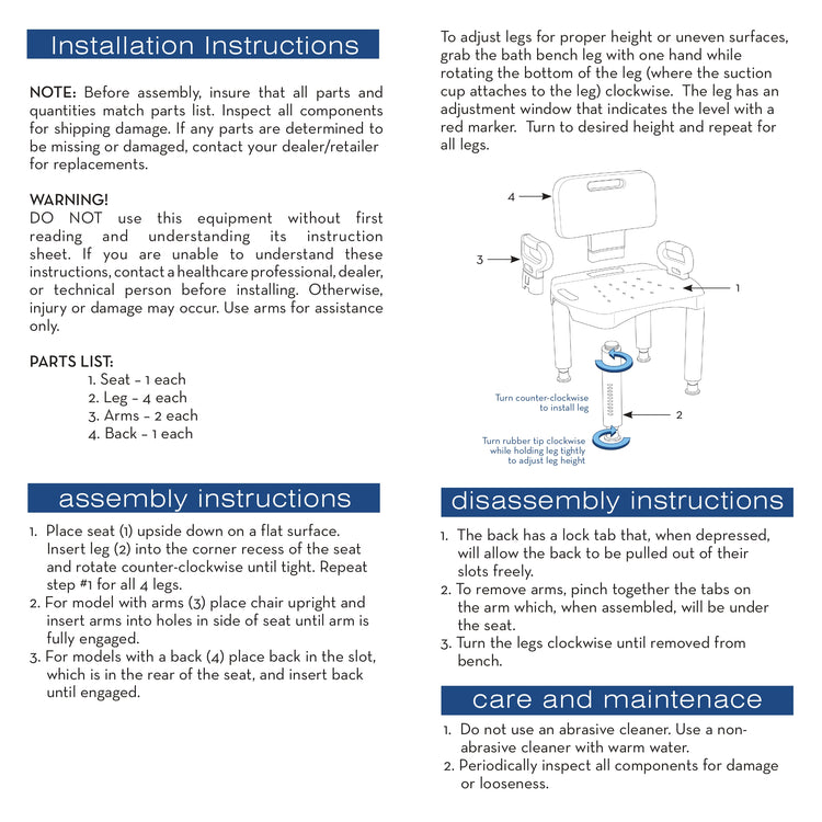 Premium Series Shower Chair with Back and Arms RTL12505 instructions