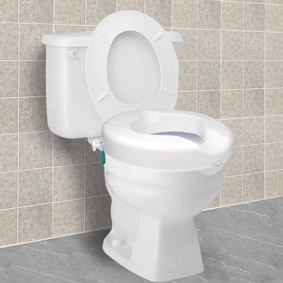 Photo of Bariatic Safe Lock Raised Toilet Seat installed in bathroom bowl