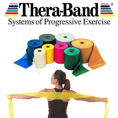 Thera-band log with rolls and woman using yellow band