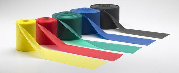Rolls of yellow, red, green, blue and black Thera-bands